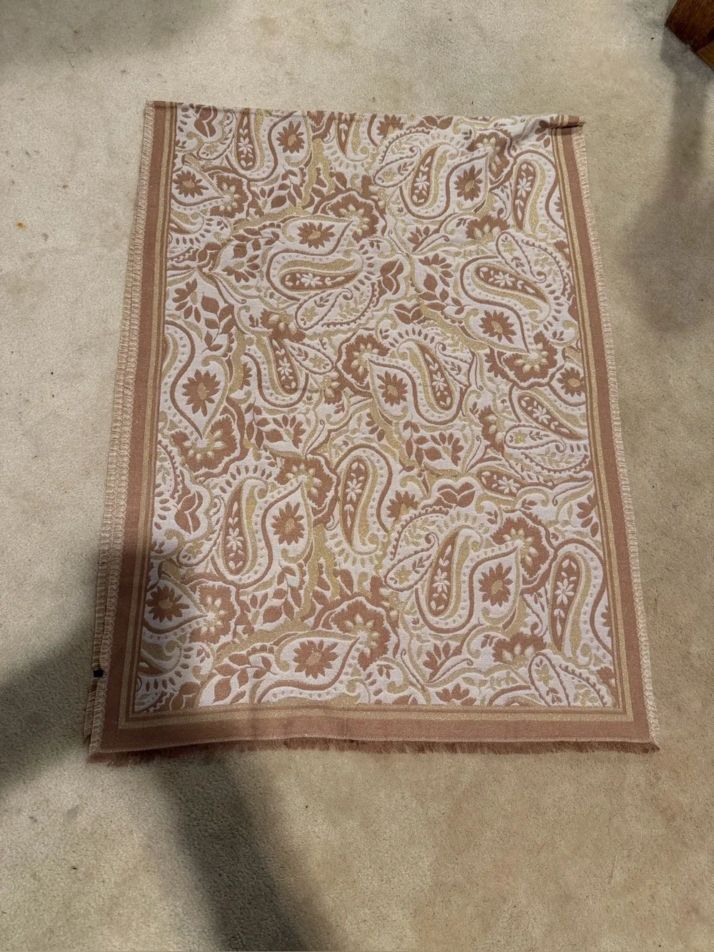Talbots Prancing Paisley Floral Fringe Oblong Scarf in Cream and Tan